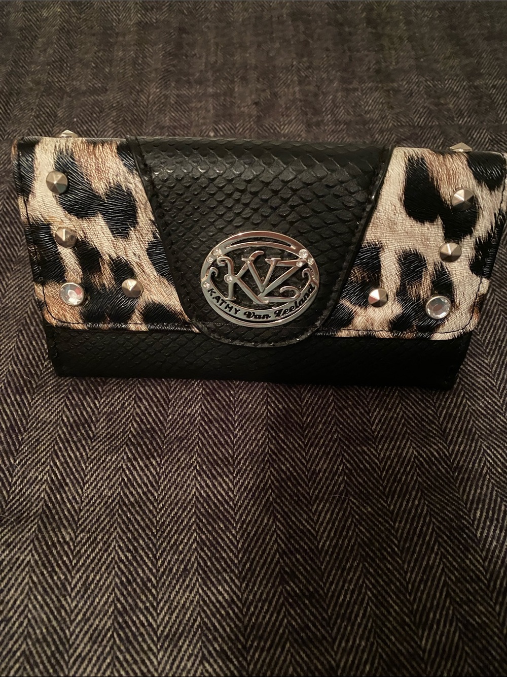 Kathy Van Zeeland Black Studded Wallet with Leopard Accents Rhinestones